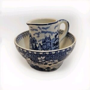 Woods Burslem England Seaforth Woods Ware Blue White Mini Washstand  Set Vintage